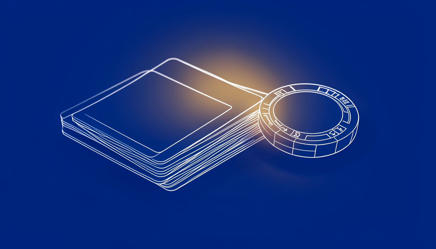 A clean technical illustration of stacked playing cards and a casino chip on a softly lit deep blue surface with a warm amber accent glow