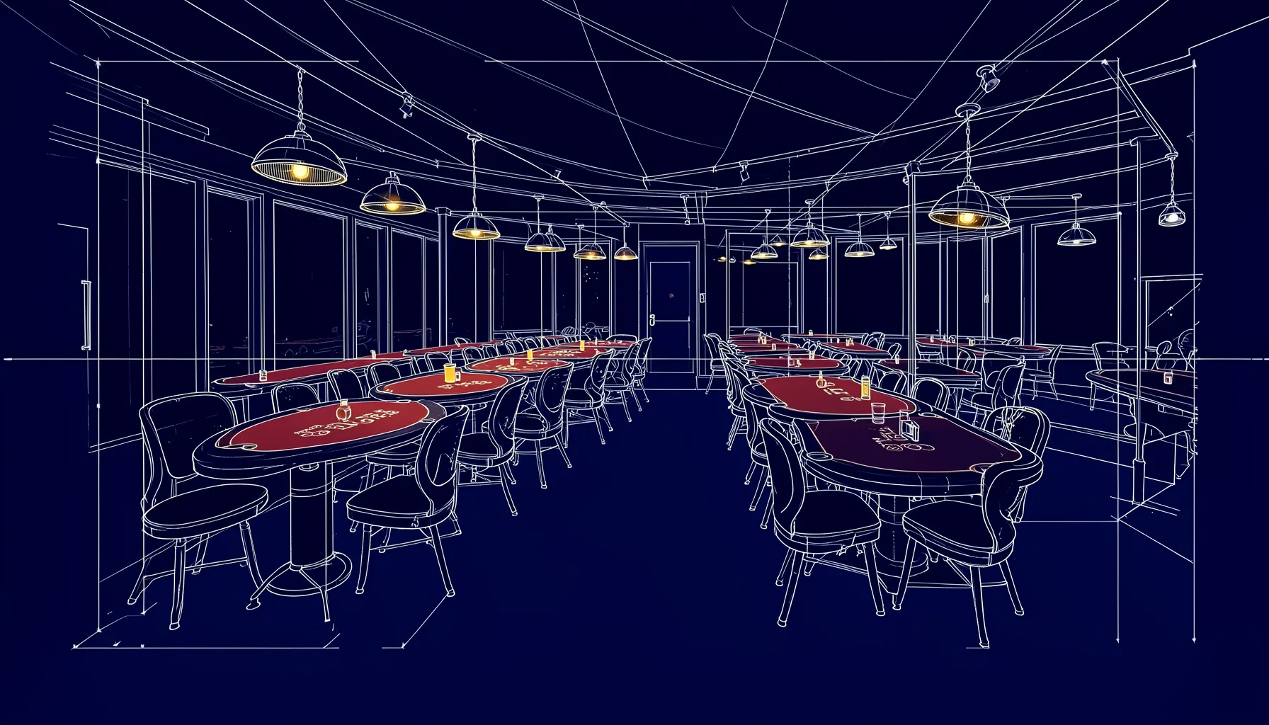 A wide, atmospheric view of a dimly lit casino gaming floor with warm red felt tables and soft golden lighting along a curved row of tables, set against deep navy shadows